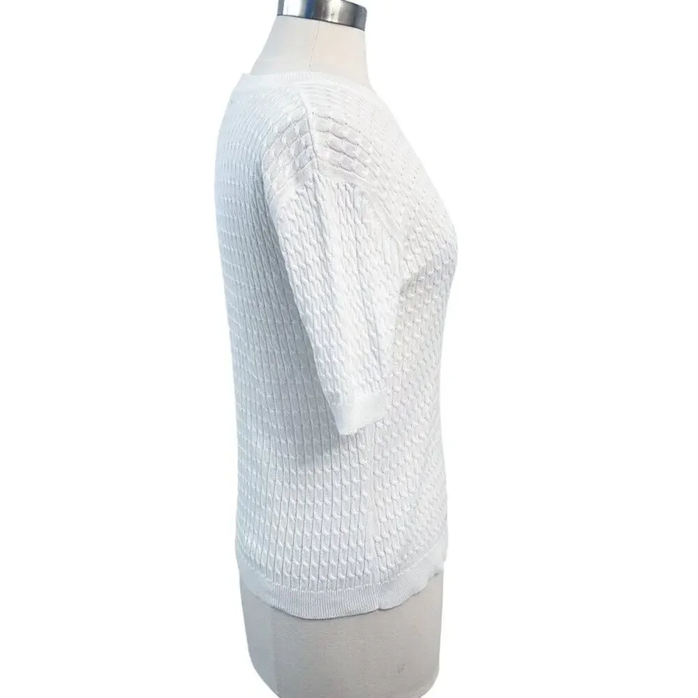 LAURA ASHLEY Vintage Short Sleeve White Cable Knit Cotton Sweater White Medium - Picture 4 of 14